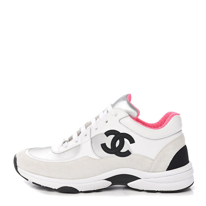 Chanel Calfskin Fabric Sneakers 39.5 White Silver Fluo Pink 1 of 8