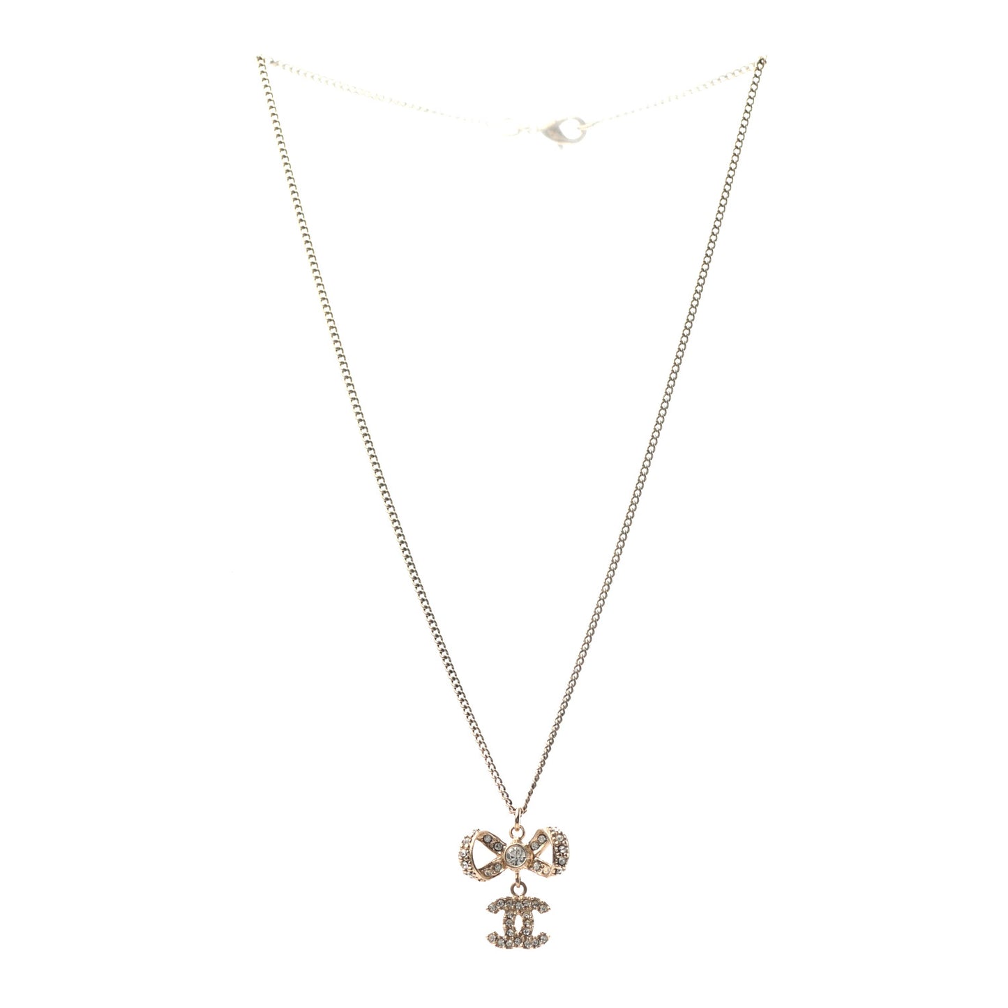 Metal Crystal CC Bow Drop Necklace Gold