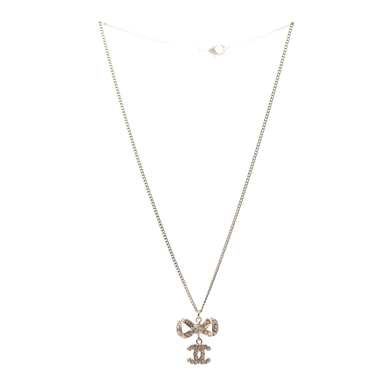 Chanel Metal Crystal CC Bow Drop Necklace Gold 3 of 5