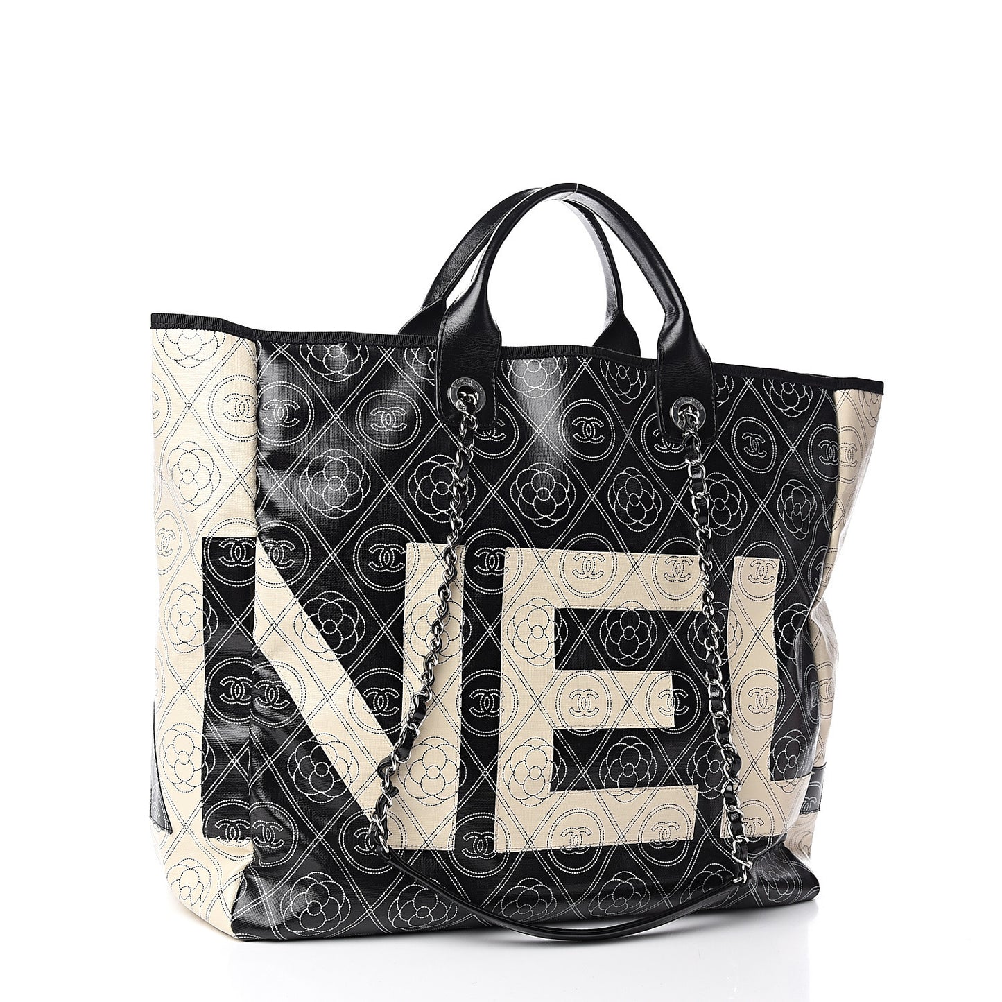 Coated Canvas Camellia Medium Shopping Tote Black Beige