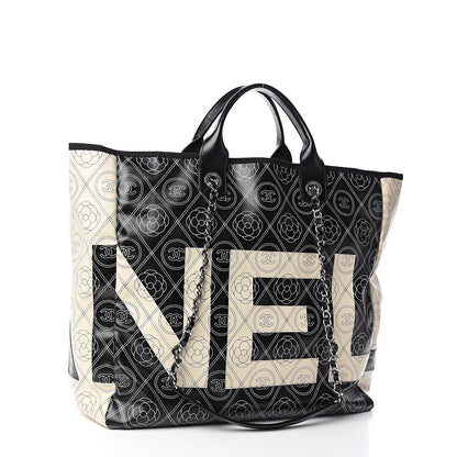 Chanel Coated Canvas Camellia Medium Shopping Tote Black Beige 2 of 9
