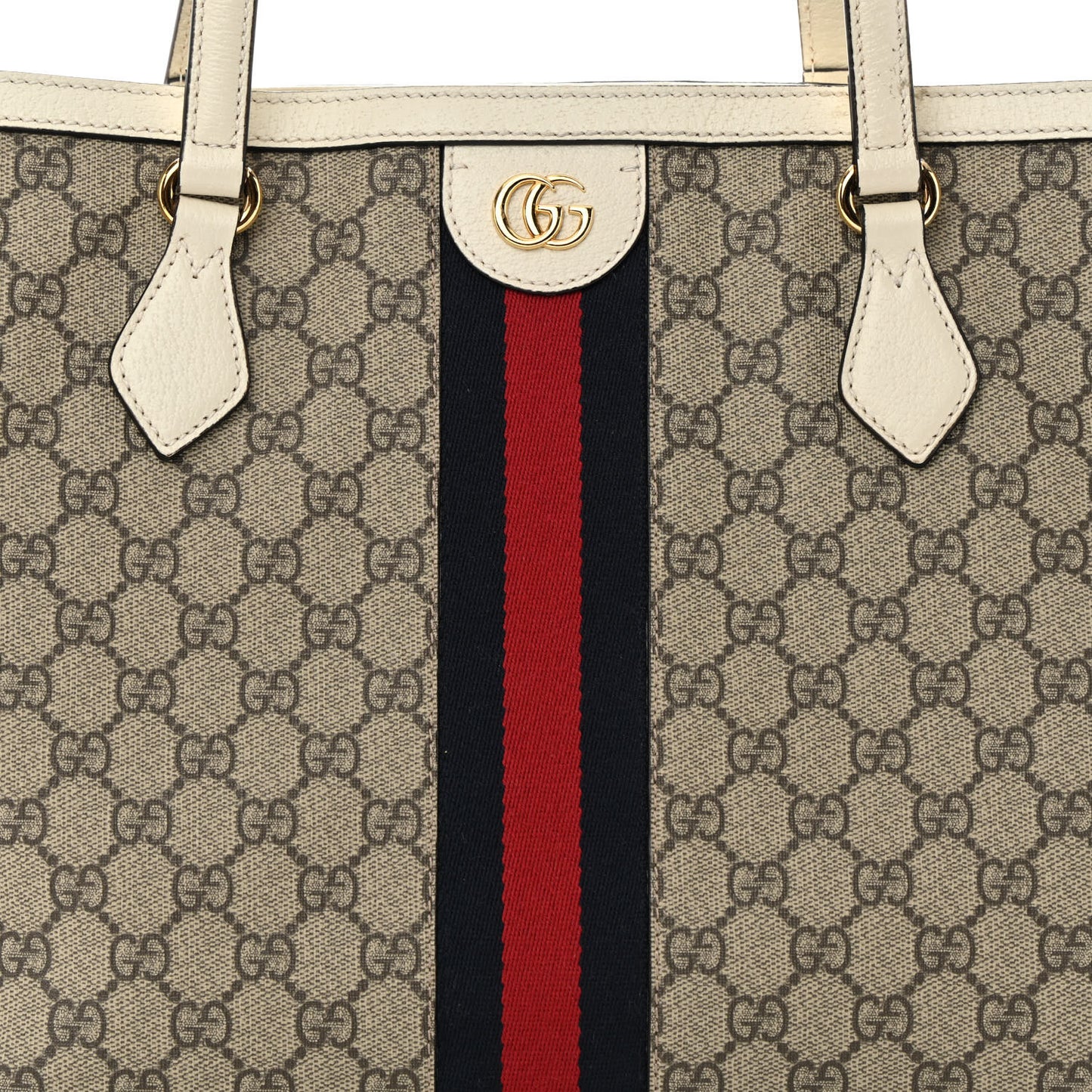 GG Supreme Monogram Textured Dollar Calfskin Web Medium Ophidia Shopping Tote Beige Ebony Mystic White