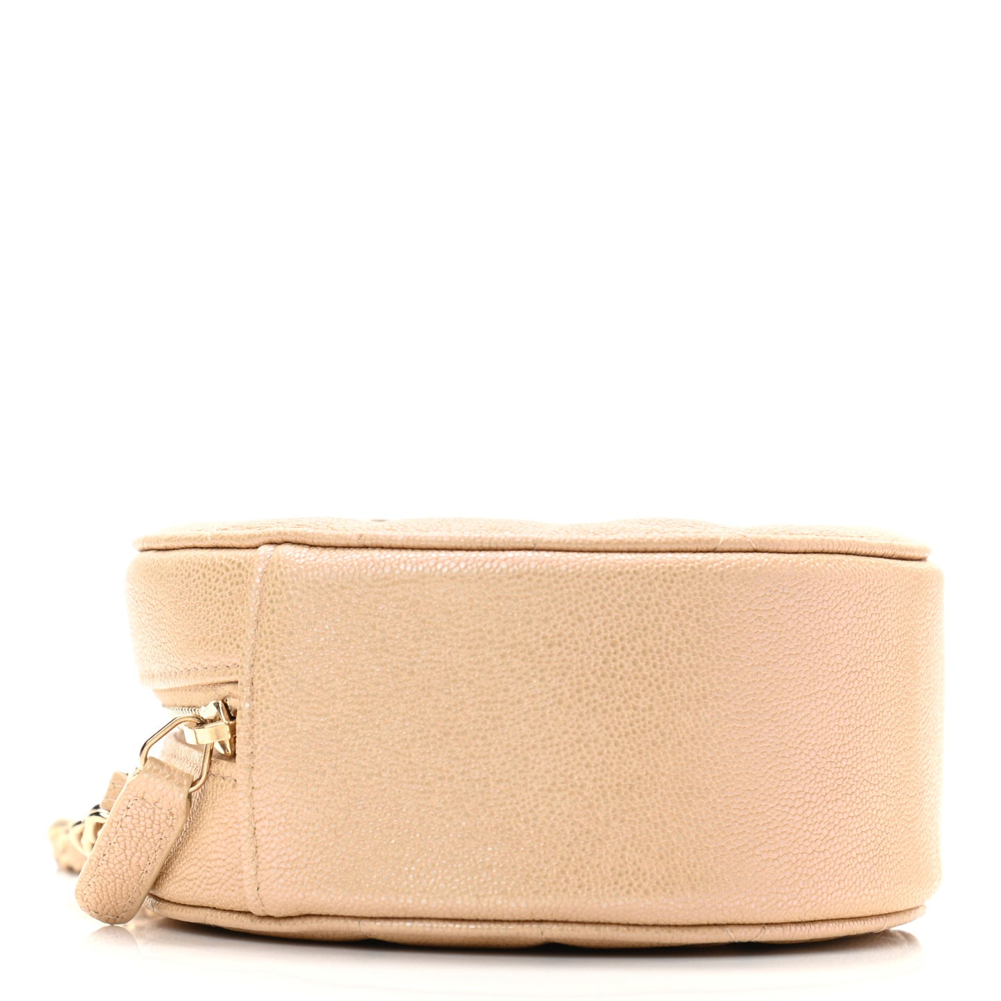 Iridescent Caviar Quilted Round Clutch With Chain Beige