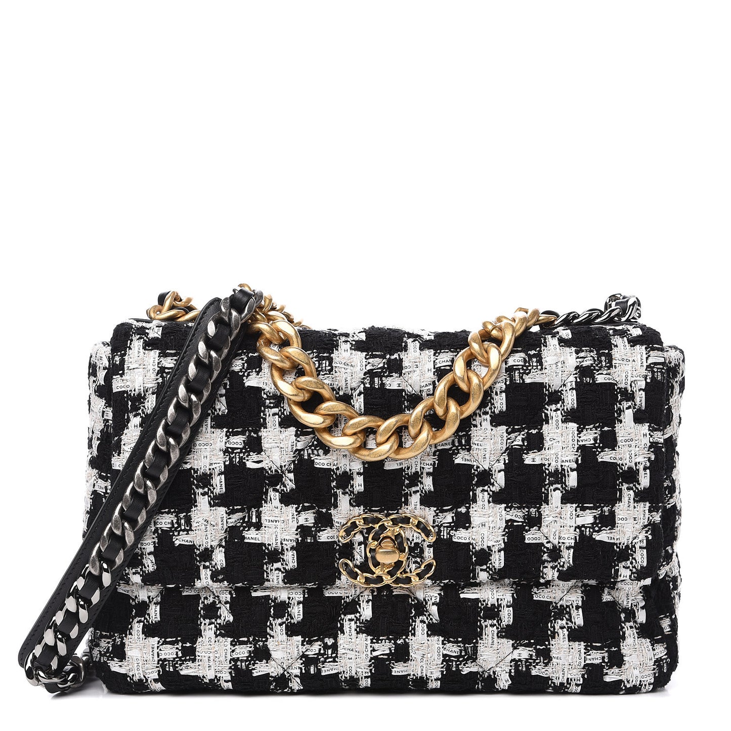 Tweed Quilted Large 19 Flap Black Ecru White