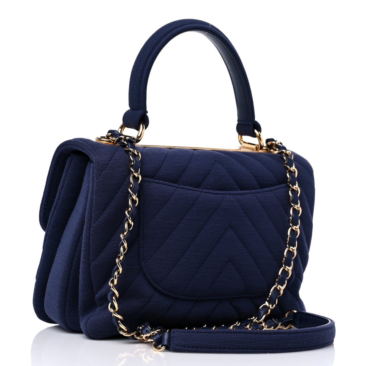 Jersey Chevron Quilted Small Trendy CC Dual Handle Flap Bag Navy Blue