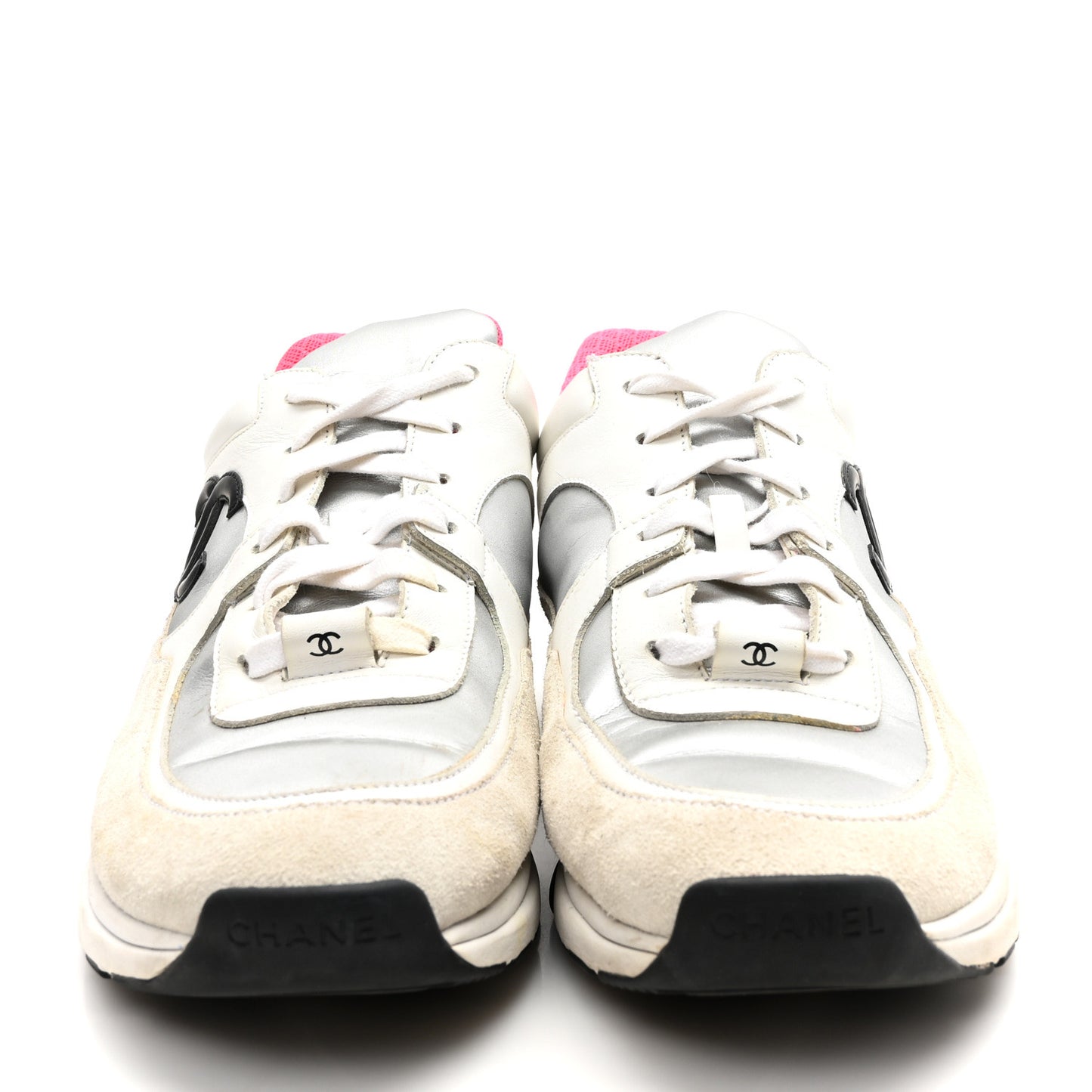 Calfskin Fabric Sneakers 40.5 White Silver Fluo Pink