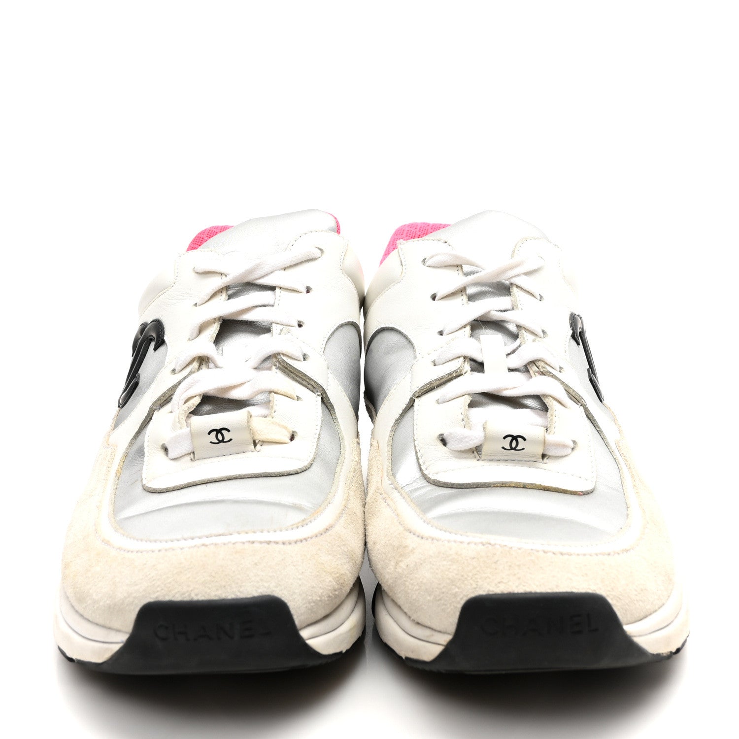 Chanel Calfskin Fabric Sneakers 40.5 White Silver Fluo Pink 2 of 7