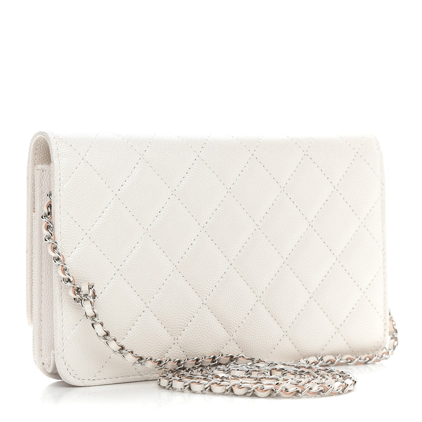 Iridescent Caviar Quilted Golden Class Wallet On Chain WOC White