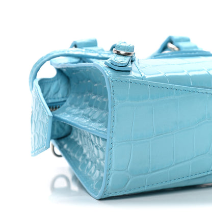 Balenciaga Calfskin Crocodile Embossed Neo Classic Silver Hardware Nano City Crossbody Azur 8 of 14