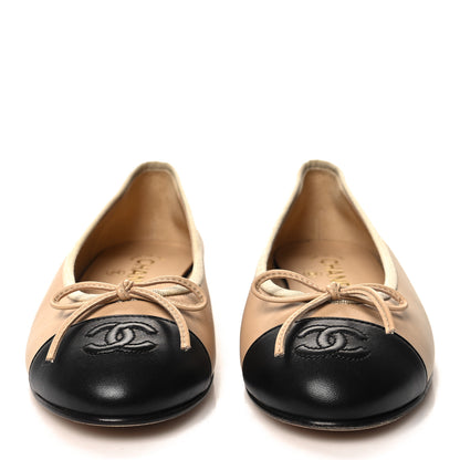 Chanel Lambskin Cap Toe CC Ballerina Flats 36 Beige Black 2 of 8