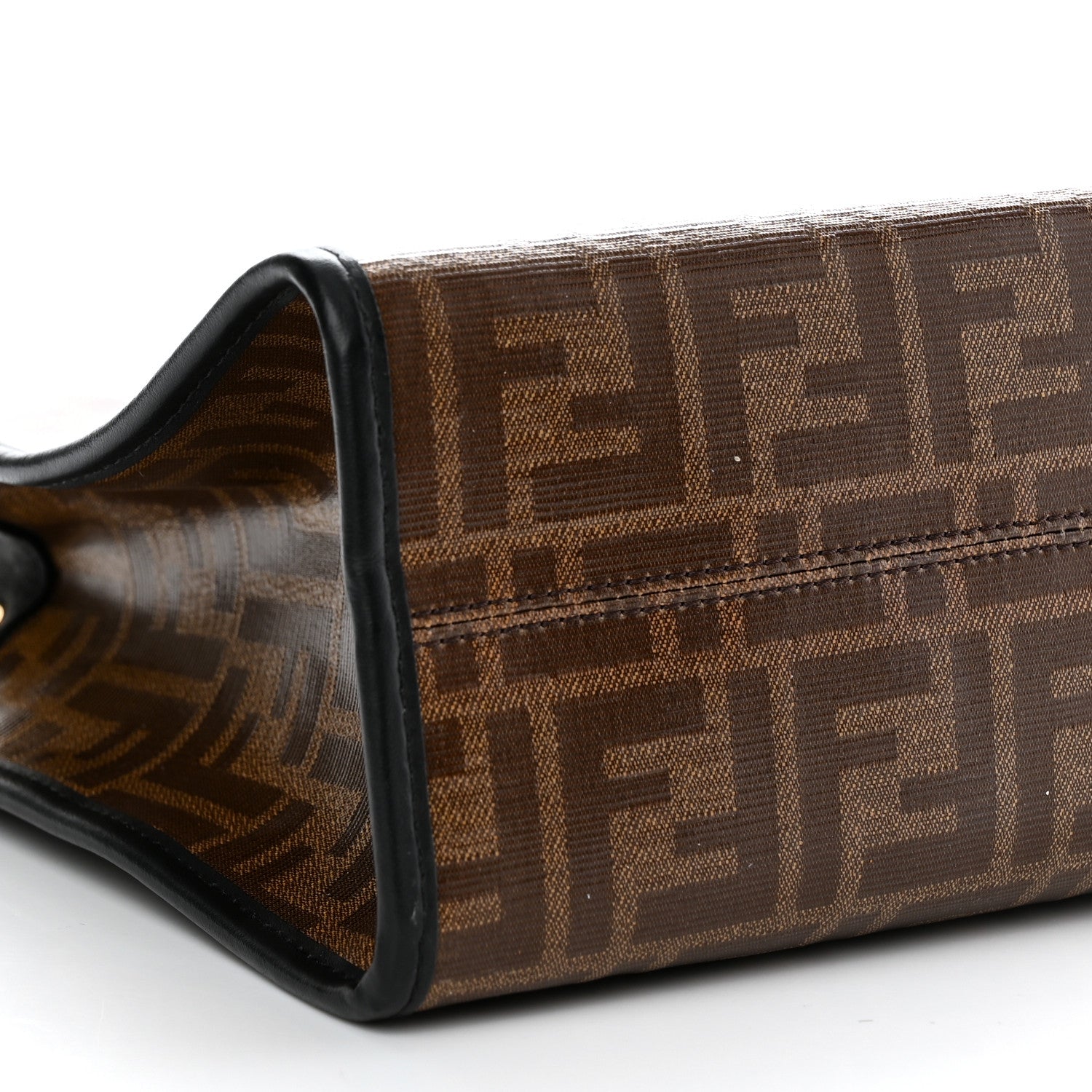 Fendi Glazed Fabric Vitello Century Plexiglass FF 1974 Stamp Patch Small Runaway Shopper Tote Mogano Panna Black 9 of 10
