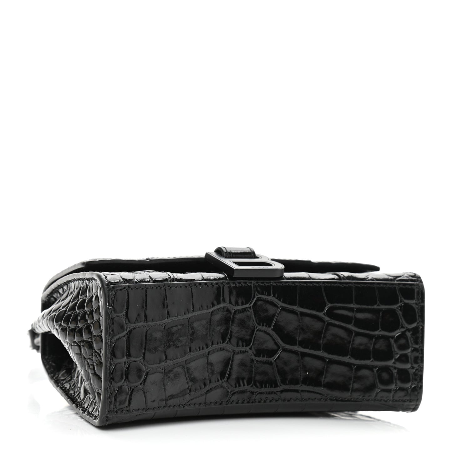 Shiny Calfskin Monochrome Crocodile Embossed Hourglass Top Handle Bag XS Black