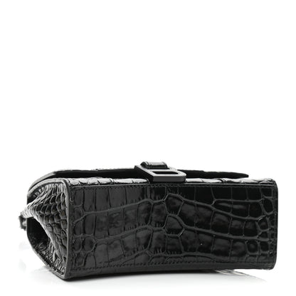 Balenciaga Shiny Calfskin Monochrome Crocodile Embossed Hourglass Top Handle Bag XS Black 3 of 8