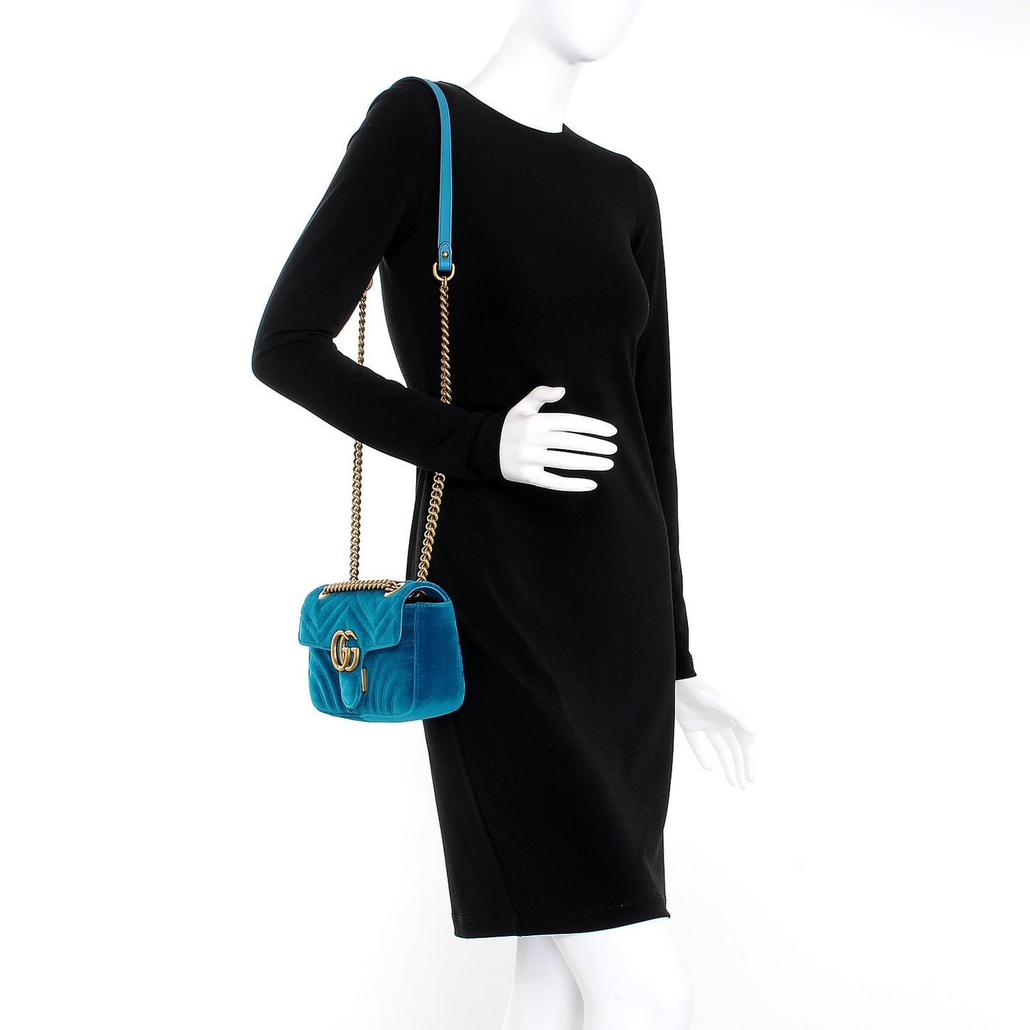 Velvet Matelasse Mini GG Marmont Shoulder Bag Pavone Cyan