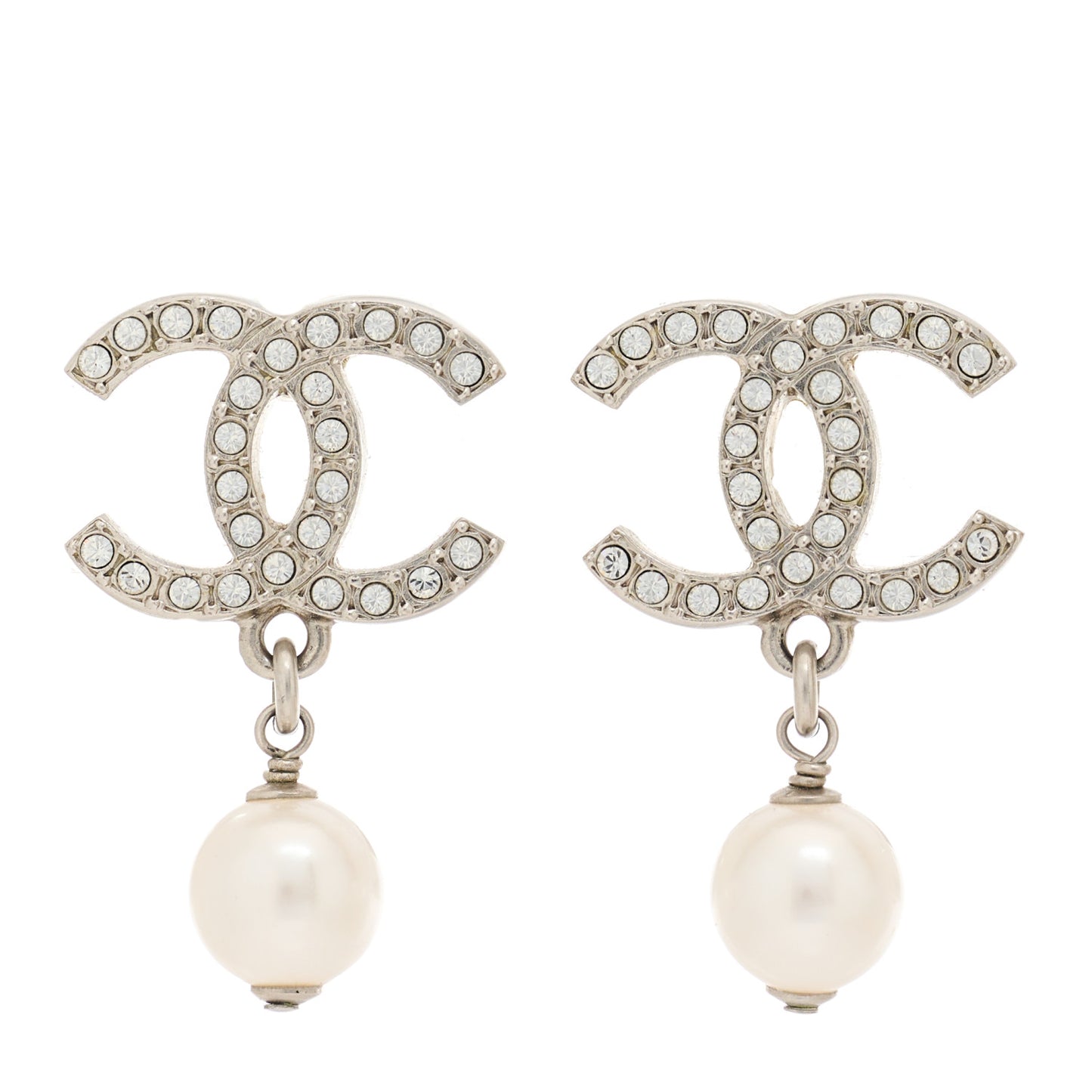 Pearl Crystal CC Drop Earrings Silver Pearly White