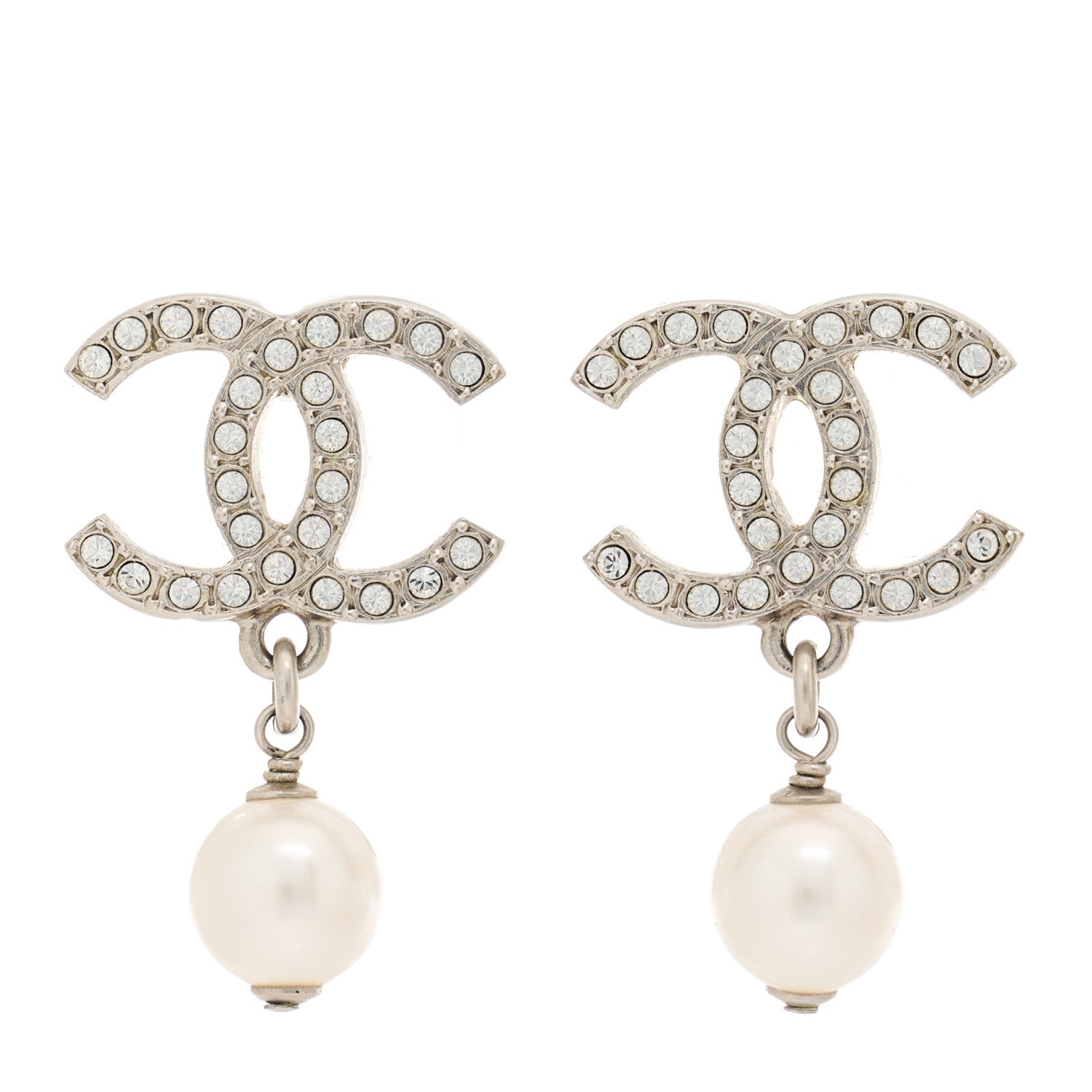 Chanel Pearl Crystal CC Drop Earrings Silver Pearly White 1 of 5