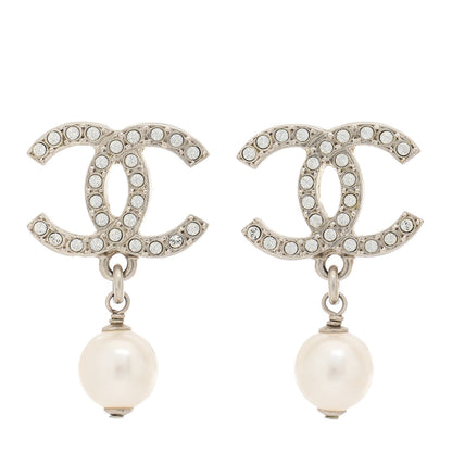 Chanel Pearl Crystal CC Drop Earrings Silver Pearly White 1 of 5