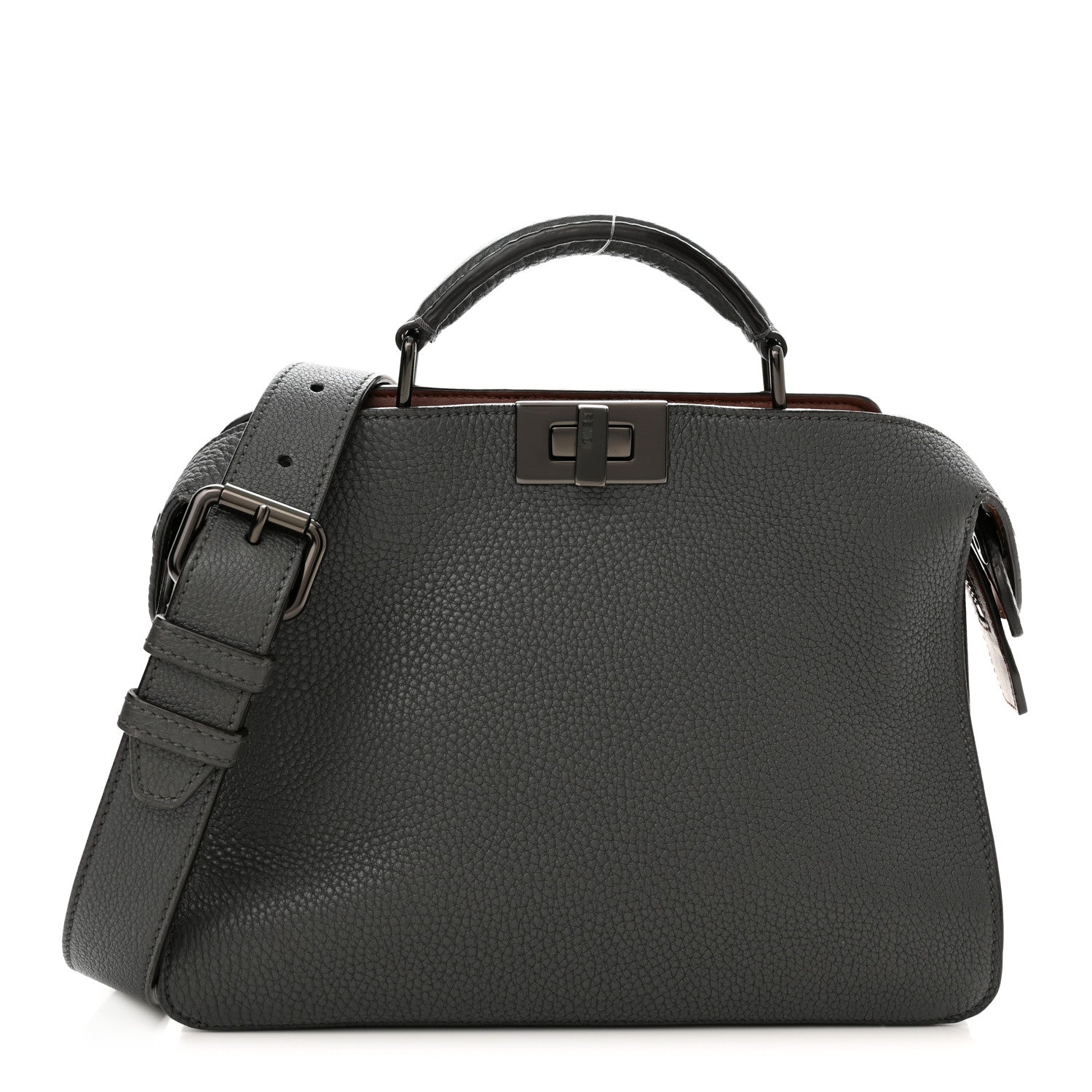 Fendi Cuoio Romano Vitello Cover Glazed Fabric Bi-Color FF 1974 Mini Peekaboo I SEE U Satchel Asfalto Praline Tobacco Moro 1 of 11