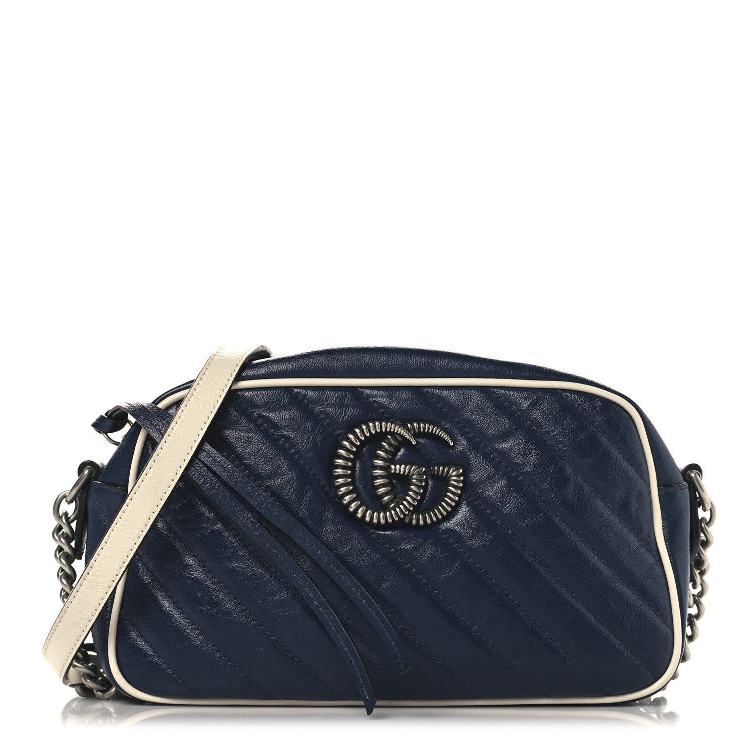 Gucci Vintage Effect Calfskin Matelasse Diagonal Small Torchon GG Marmont Chain Shoulder Bag Blue Agata Mystic White 1 of 11