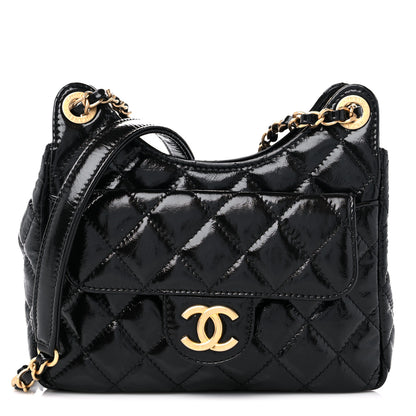 Chanel Shiny Crumpled Calfskin Quilted Small Wavy CC Hobo Black 1 of 10