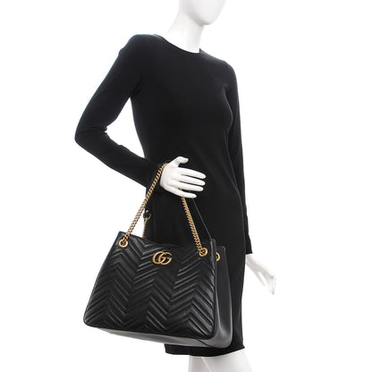Gucci Calfskin Matelasse Medium GG Marmont Shoulder Tote Bag Black 2 of 7