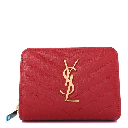 Saint Laurent Grain De Poudre Matelasse Chevron Monogram Compact Zip Around Wallet New Red 1 of 7