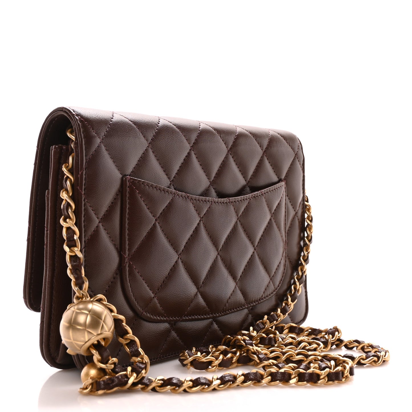 Lambskin Quilted CC Pearl Crush Wallet on Chain WOC Dark Brown