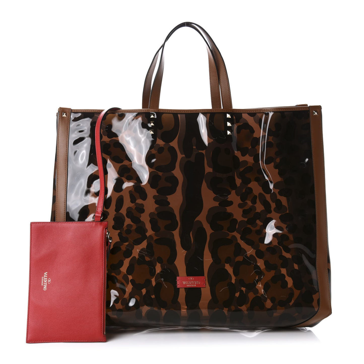 PVC Leopard Print Large Rockstud Shopping Tote Brown