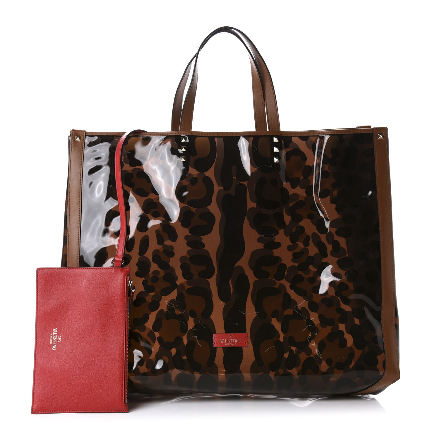 Valentino Garavani PVC Leopard Print Large Rockstud Shopping Tote Brown 1 of 9