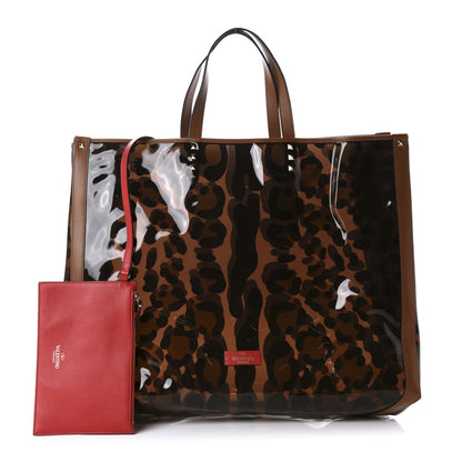 Valentino Garavani PVC Leopard Print Large Rockstud Shopping Tote Brown 1 of 9