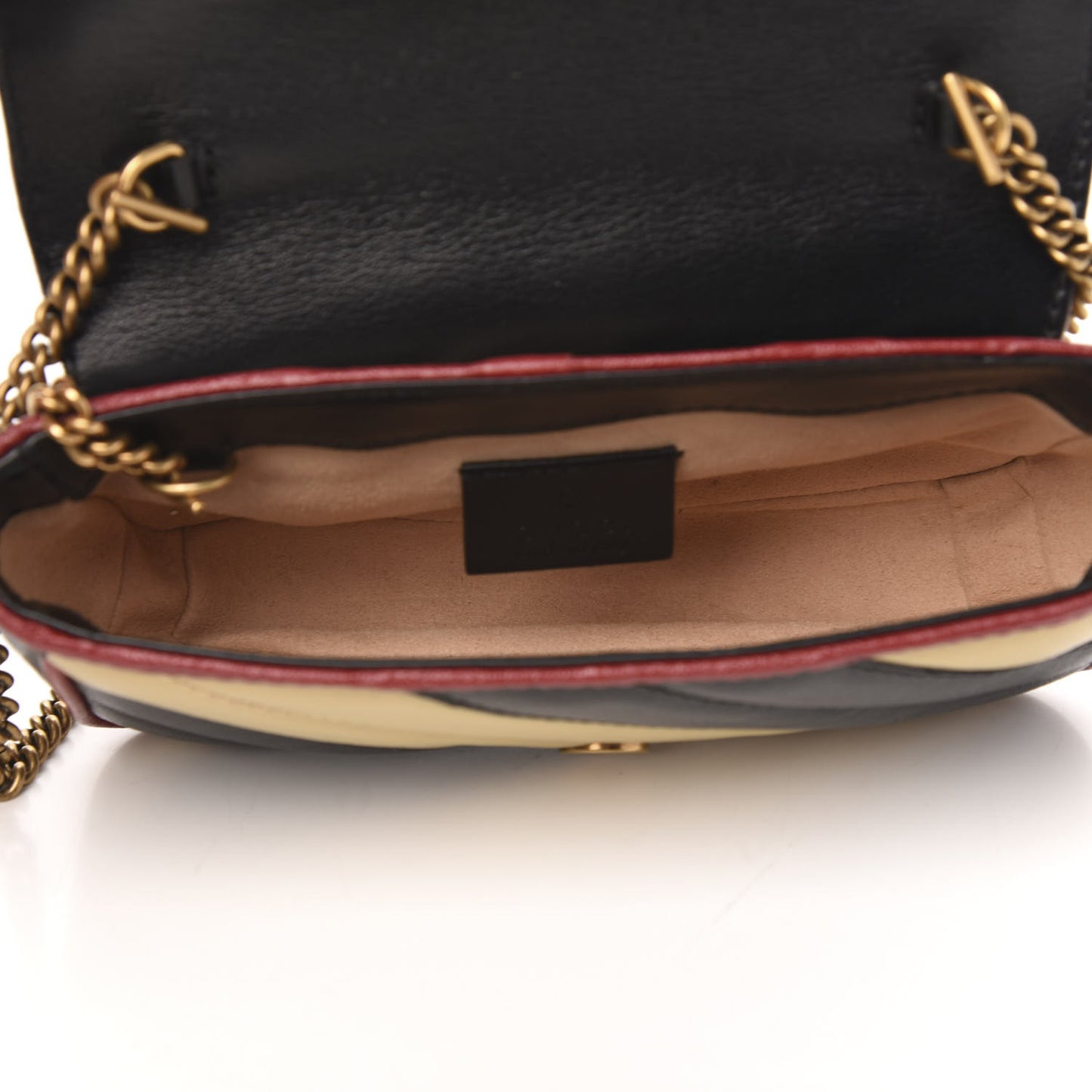 Vintage Effect Calfskin Matelasse Diagonal Striped Super Mini Torchon GG Marmont Shoulder Bag Black Beige