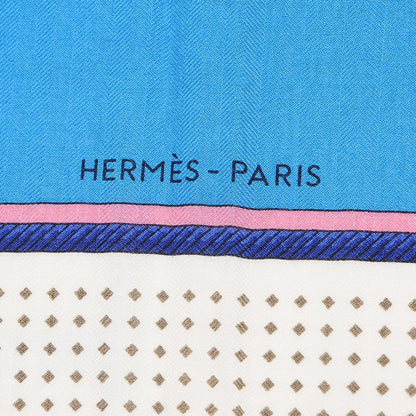 Hermes Cashmere Silk Les Voitures A Transformation Shawl 140 Bleu Azur Rose Blanc 3 of 5