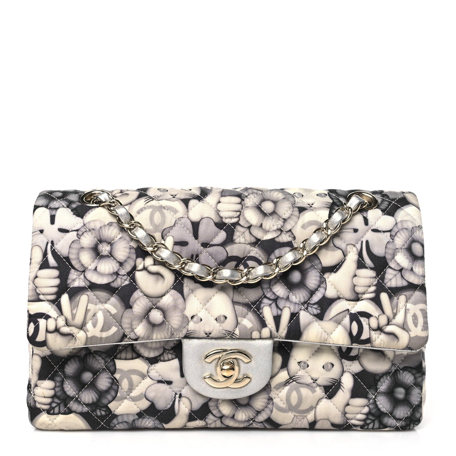Chanel Nylon Quilted Medium Cat Emoticon Double Flap Navy Grey Ecru 1 of 10