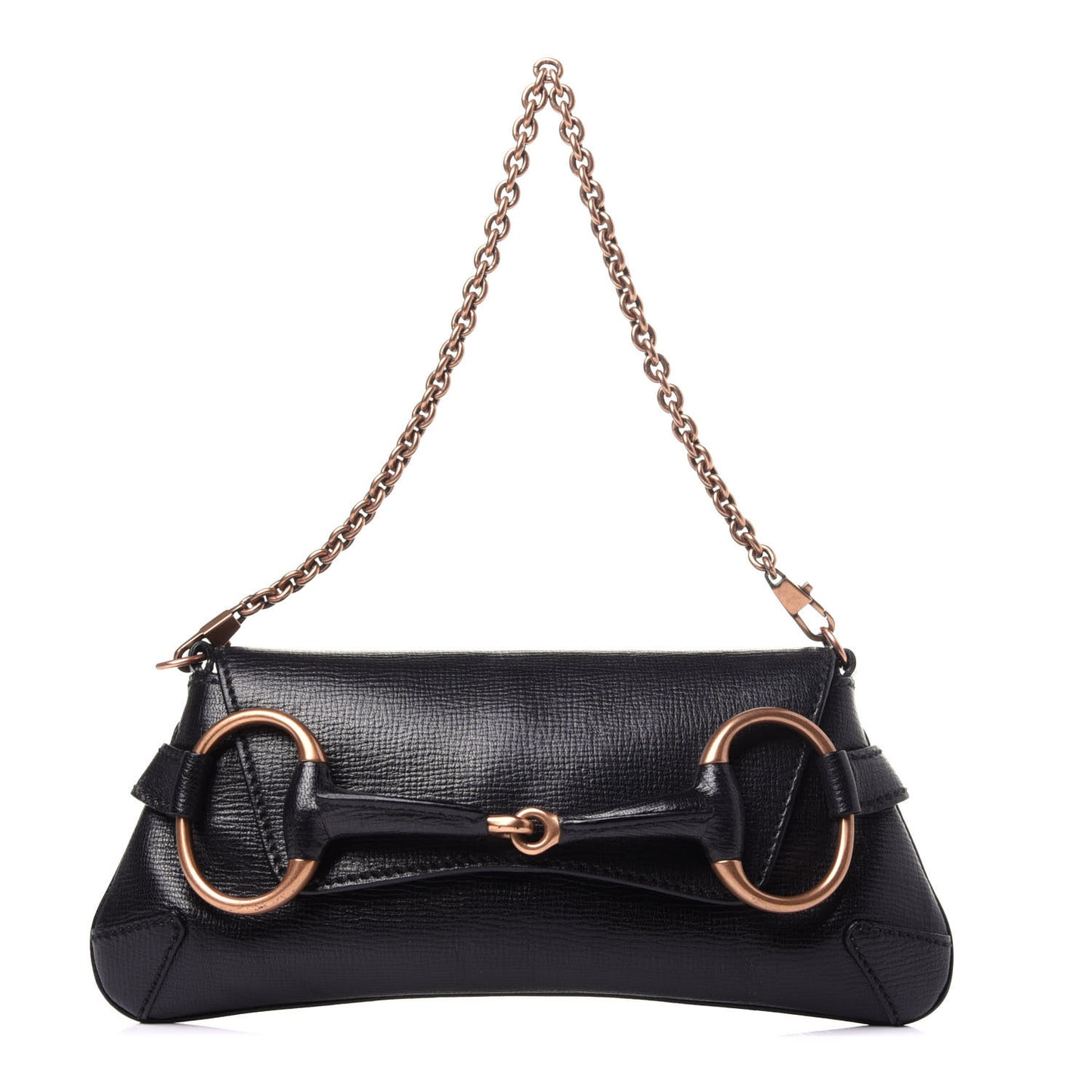 Textured Calfskin Horsebit Chain Clutch Black