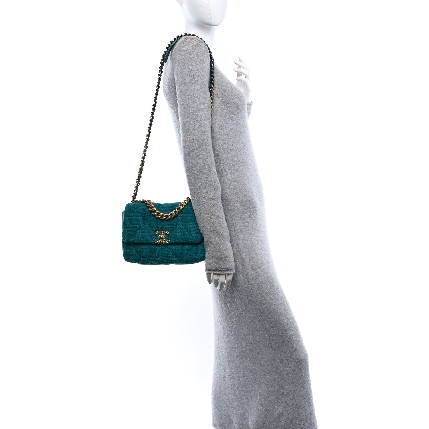 Chanel Tweed Quilted Medium Chanel 19 Flap Green 2 of 11