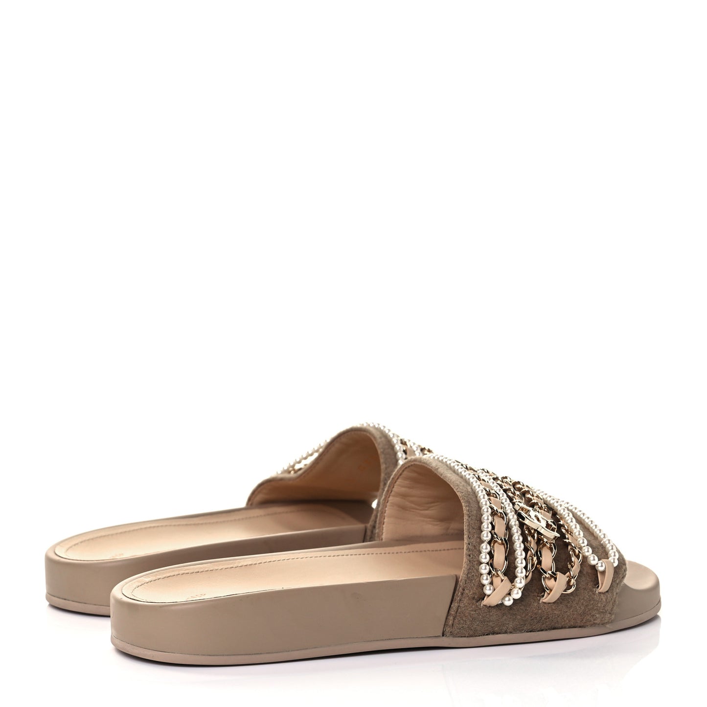 Felt Pearl Lambskin Chain Flat Sandals 37 Beige