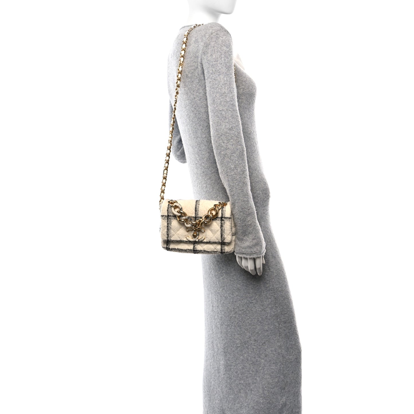 Wool Tweed Quilted Small Elegant Chain Flap White