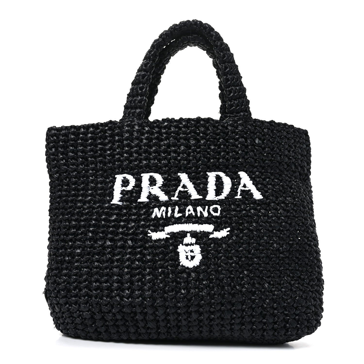 Prada Yarn Raffia Effect Crochet Small Logo Tote Black 1 of 9