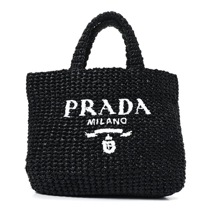 Prada Yarn Raffia Effect Crochet Small Logo Tote Black 1 of 9