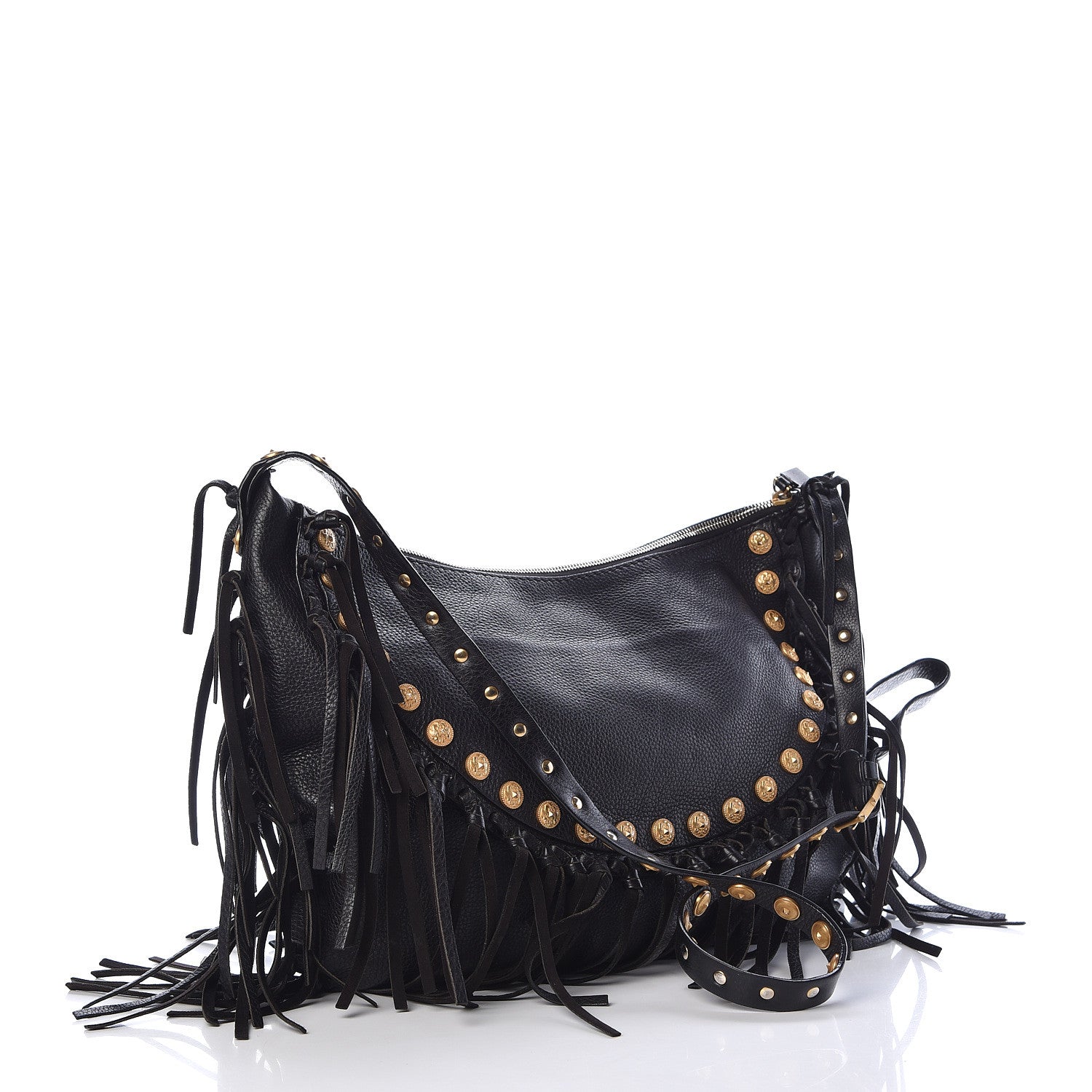 Valentino Garavani Grained Calfskin C-Rockee Fringe Hobo Black 3 of 19