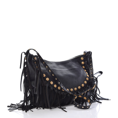 Valentino Garavani Grained Calfskin C-Rockee Fringe Hobo Black 3 of 19