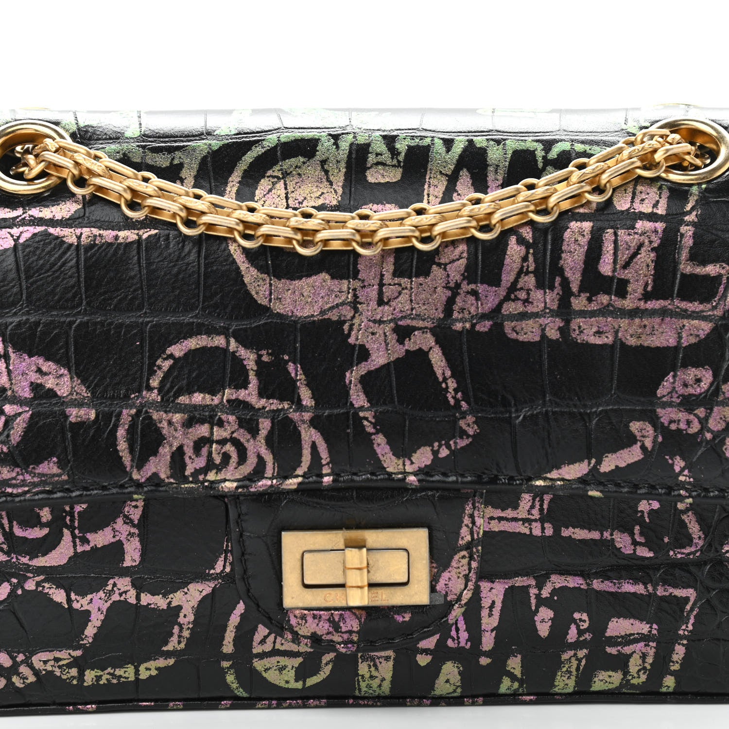 Chanel Calfskin Crocodile Embossed Graffiti 2.55 Mini Cocodile Reissue Flap Black Pink 9 of 11