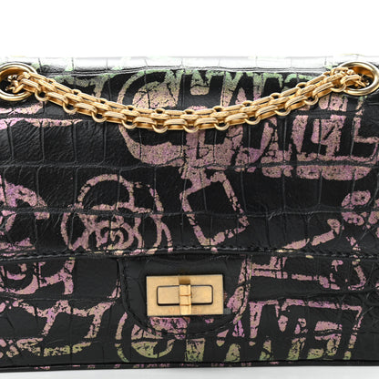 Chanel Calfskin Crocodile Embossed Graffiti 2.55 Mini Cocodile Reissue Flap Black Pink 9 of 11