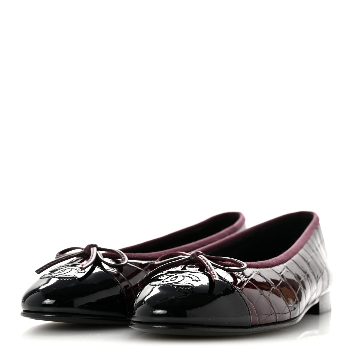 Chanel Patent Calfskin Crocodile Embossed Ballerina Flats 37 Dark Burgundy Black 4 of 11