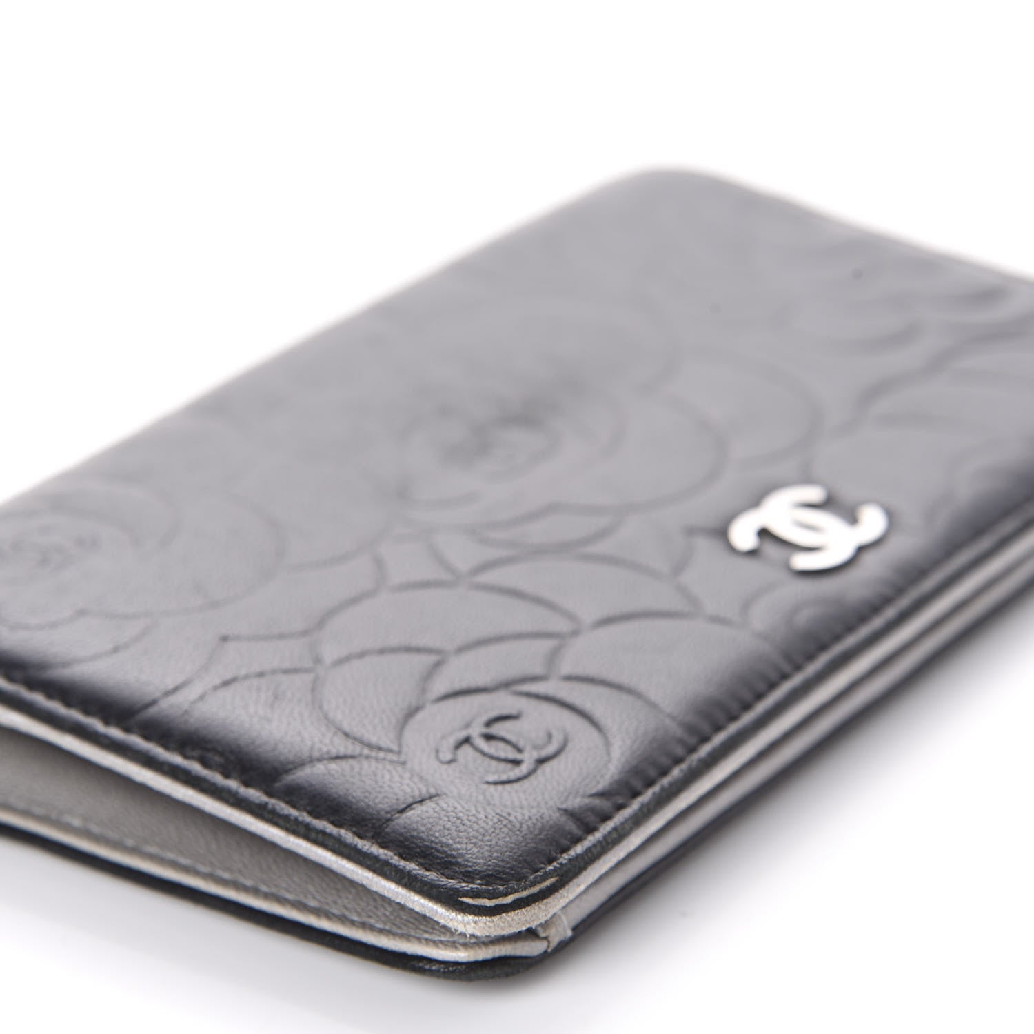 Chanel Lambskin Camellia Embossed Yen Wallet Black 6 of 11