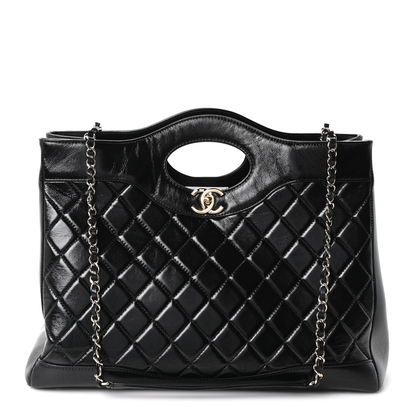 Shiny Aged Calfskin Quilted Large 31 Shopping Bag Black
