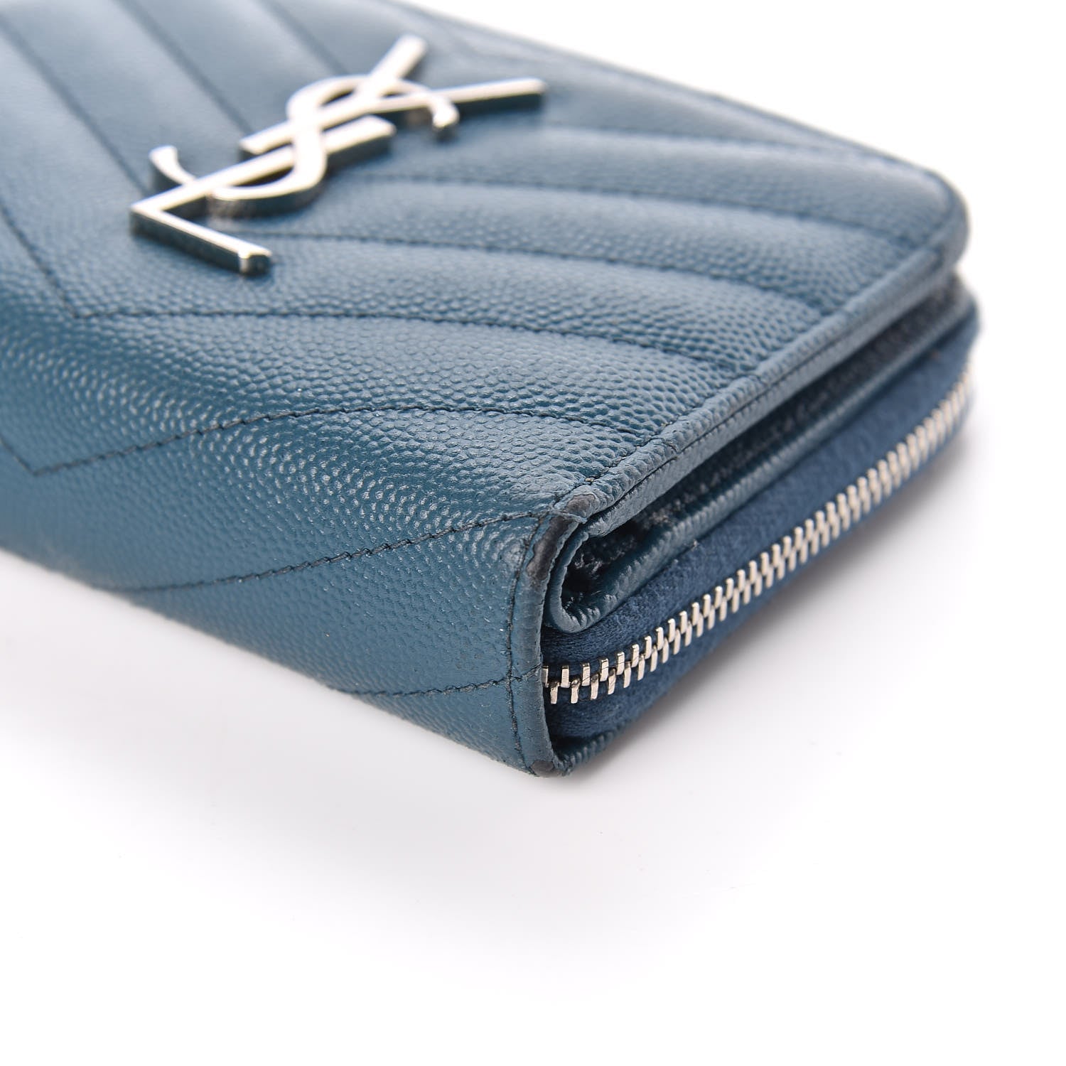 Saint Laurent Grain De Poudre Matelasse Compact Zip Around Wallet Peacock Green 13 of 21