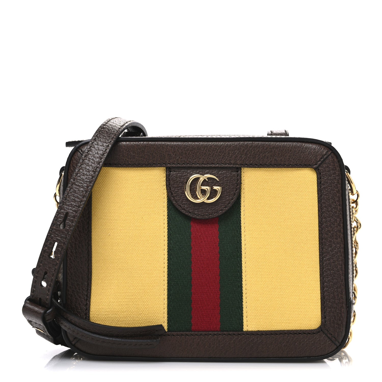 Gucci Canvas Textured Calfskin Web Mini Ophidia Top Handle Shoulder Bag Easy Yellow Dark Brown 1 of 10