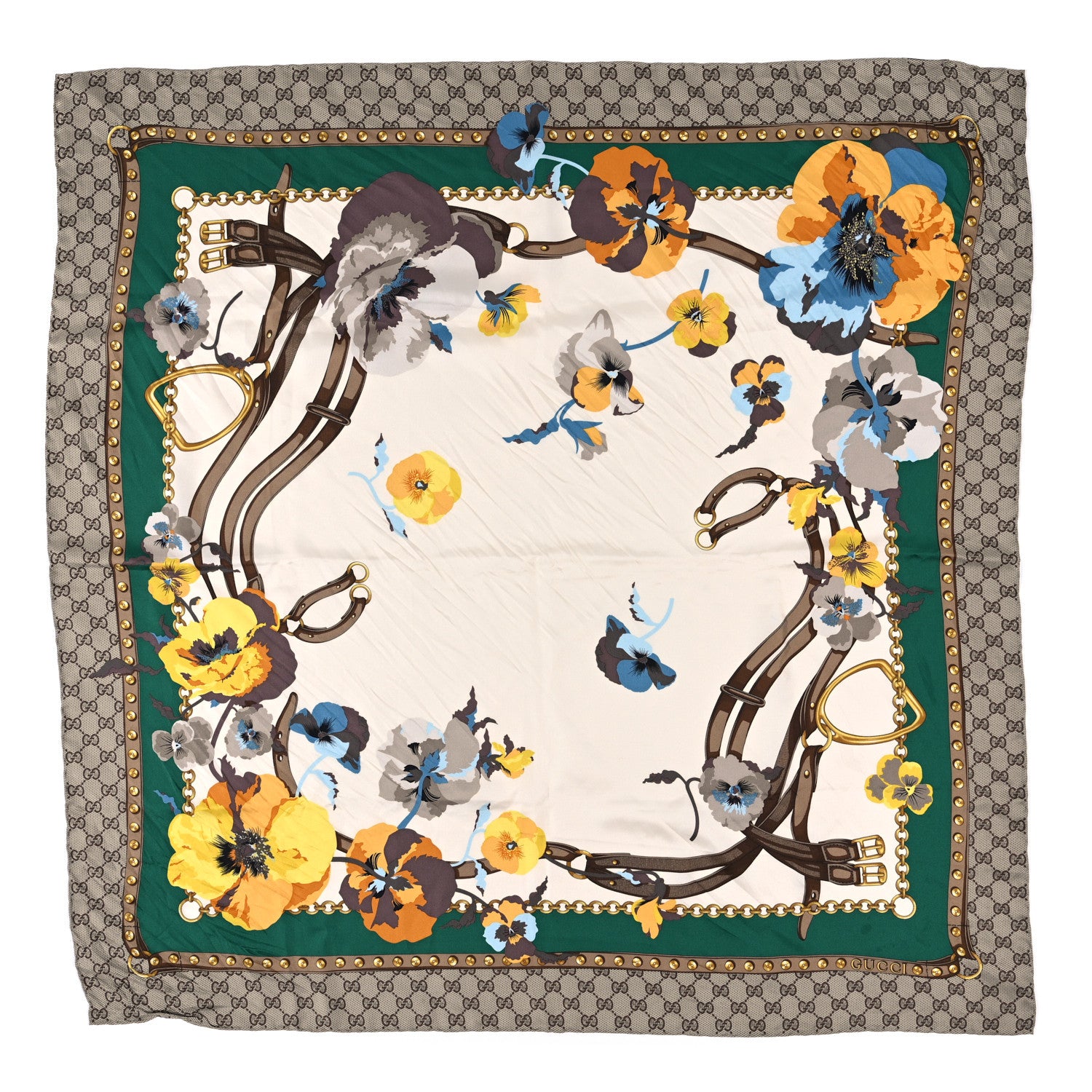 Gucci Silk Twill GG Monogram New Panshie Square Scarf Grass Green Yellow 1 of 4