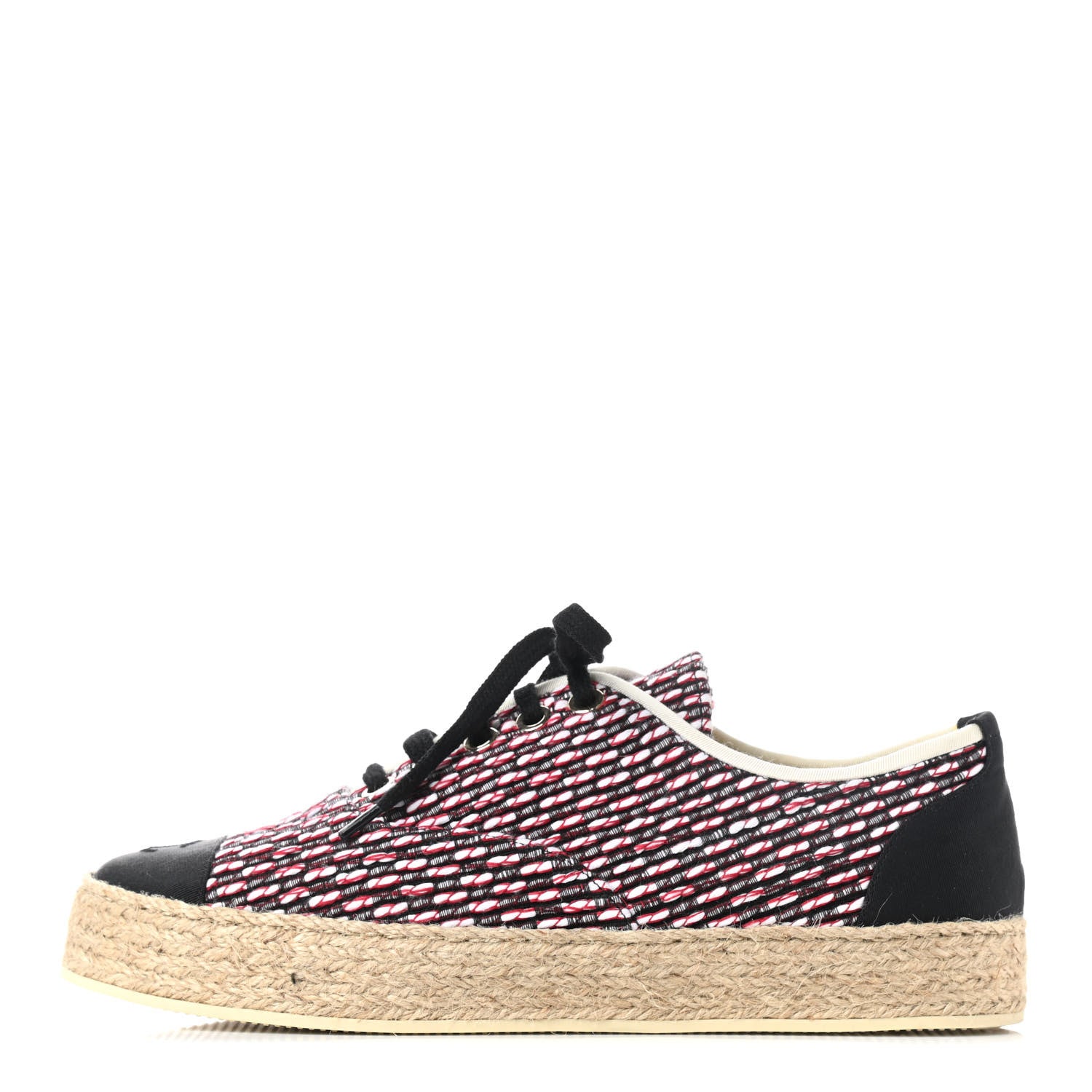 Chanel Tweed Grosgrain Lace Up Espadrilles 37 Red White Black 1 of 9